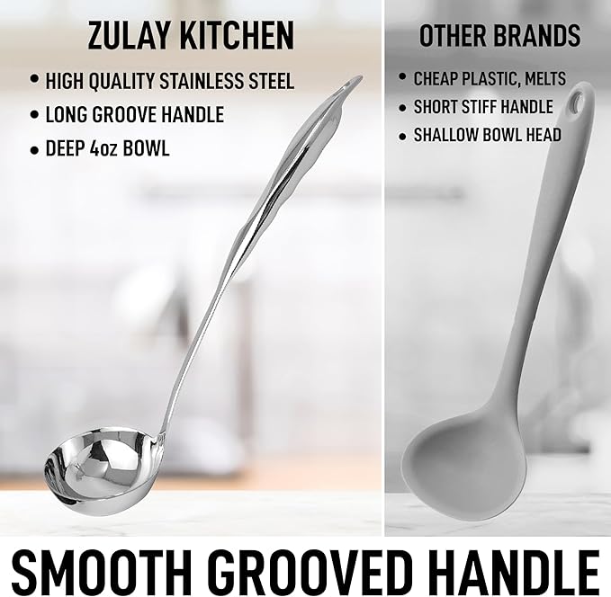 Zulay Kitchen Stainless Steel Soup Ladle - 13” Large Ladle for Soups, Stews & Sauces - Durable, Heat-Resistant, Rust-Proof & Dishwasher Safe Kitchen Utensil with Ergonomic Handle