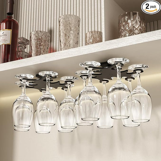 Under Cabinet Wine Glass Holder, 360° Infinitely Rotating Wine Glass Holder, 2PACK No Drilling Wine Glass Rack for Kitchen, Dining and Bar.(Black)