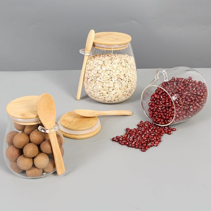 Glass Storage jars with Bamboo Lids and Spoon -38 oz Airtight Storage Containers Glass jar,Wide Mouth,Leak-Proof,Comes Suitable for Coffee Beans, Tea Leaves,Grains, Dried Fruits (Large4PCS)