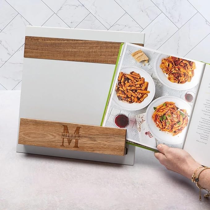 Personalized Cookbook Stand – Custom Engraved Acacia Wood & White Marble Recipe Book Holder with Weighted Base – Rustic Design, Tablet & Cookbook Stand for Kitchen Counter, 12 × 11 × 7.5 