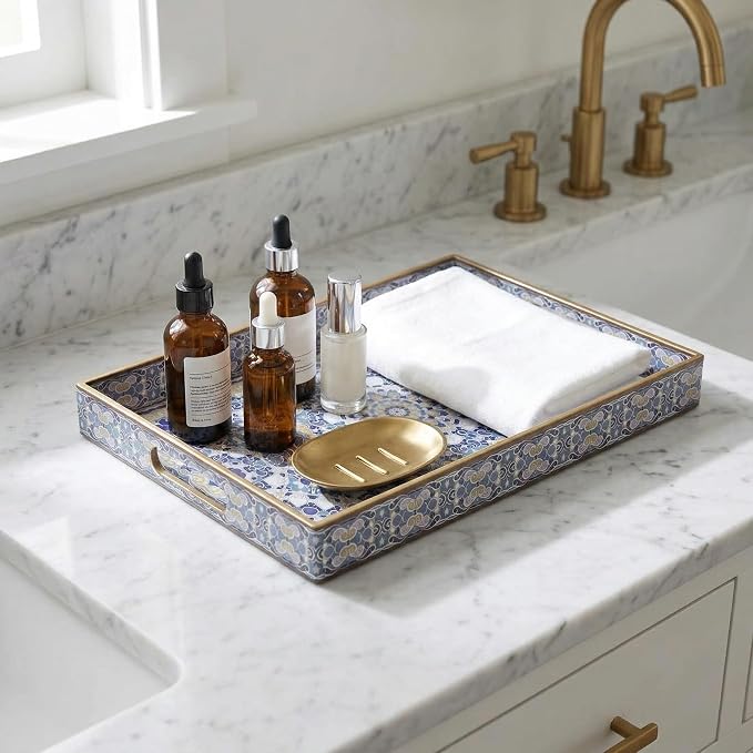 Boho Decorative Tray, Modern Blue Serving Tray with Handles, Ottoman Trays Set of 2, Plastic Coffee Table Tray for Living Room, Bathroom, Kitchen, Decor, Large 15.7”*11.8”, Small 13.7"*9.8"