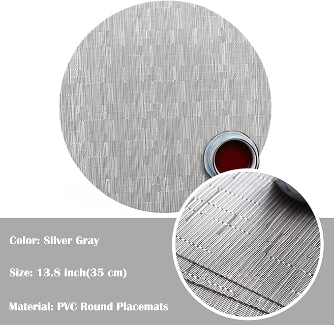 Round Placemats Set of 4 Woven Table Mats Washable Non-Slip Place Mats 13.8 Inch for Christmas Decoration Home Wedding Party,Silver Gray