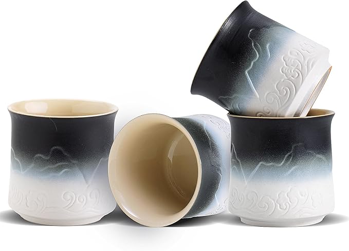 ZENS Japanese Tea Cup Set of 4, 8 oz Gradient Embossed Ceramic Japan Tea Cups - Matcha Tea, Handles FREE, Traditional Asian Cups for Gongfu Tea in Black & White