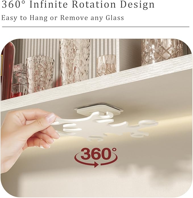 Under Cabinet Wine Glass Holder, 360° Infinitely Rotating Wine Glass Holder, No Drilling Wine Glass Rack for Kitchen, Dining and Bar.(White)