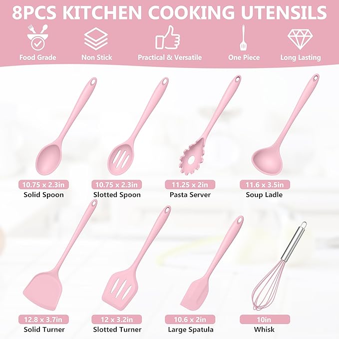 TeamFar 8 PCS Silicone Cooking Utensils - 446°F Heat Resistant Kitchen Silicon Utensils Set, Turner, Spatula, Spoon, Whisk, Kitchen Cooking Gadgets Tools for Nonstick Cookware, Dishwasher Safe-Pink