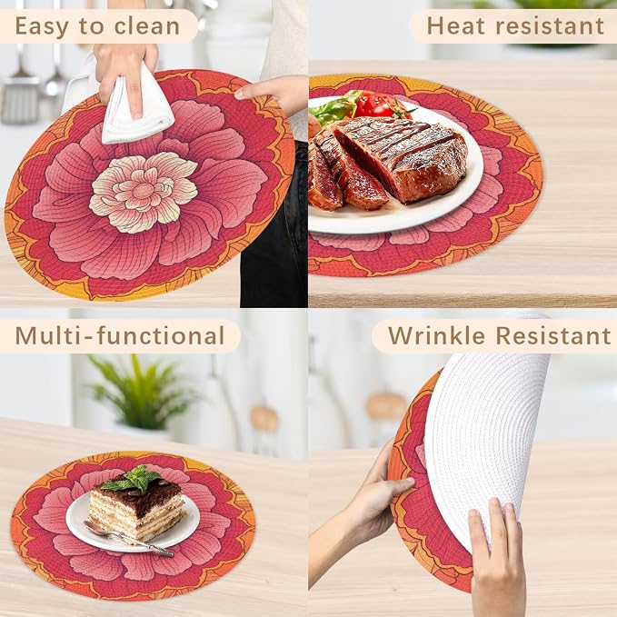 Round Placemats Set of 4, Pink Orange Flowers Woven Placemats Mats Non-Slip Heat Resistant Washable Table Mats Round Braided Place for Farmhouse Kitchen Dining Party Decor 15in