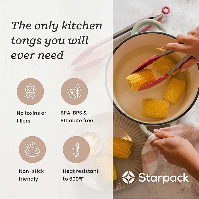 Starpack Get a Grip Silicone Kitchen Tongs (2-Pack, 9" + 12") - LFGB Non Toxic, 600°F Heat Resistant, BPA-Free - Heavy-Duty Stainless Steel, Locking - Dishwasher Safe for Nonstick Cookware Earthy Pink