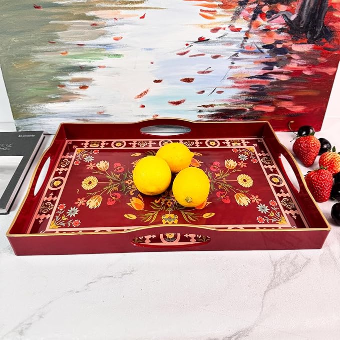 Boho Red Decorative Tray, Serving Tray with 4 Handles, Plastic Tray for Coffee Table, Ottoman - Ideal for Living Room & Bathroom. 15” x 11” x 1.9”