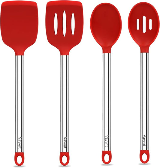 Vayvnt 4 Pieces Kitchen Spatula Set, Heat Resistant Silicone Utensils, Red | Large Size Kitchen Tools, For Nonstick Cookware, Spoons and Turners, Stainless Steel Handle, Easy Cleaning, Dishwasher Safe