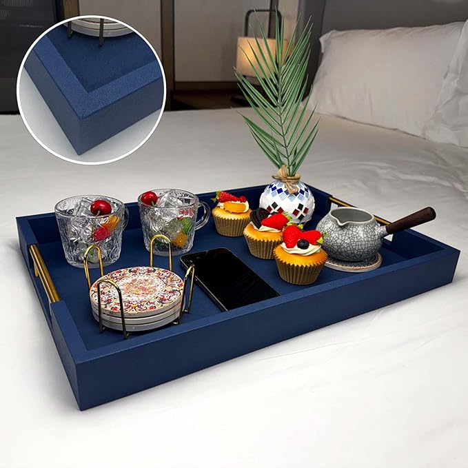14x20 Inches Blue Faux Leather Wrapped Wood Serving Tray with Metal Handles for Various Occasions, Ottoman, Home Decor Decorative, Living Room, Coffee Table Organizer, Serving Breakfast On Bed