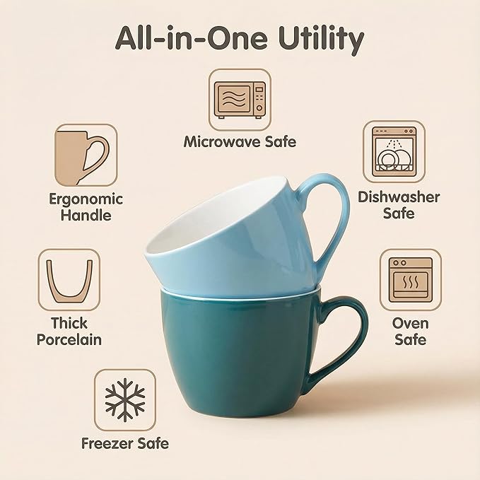 MECOWON 30 OZ Porcelain Coffee Mugs, Set of 2 Large Mugs for Soup, Cereal and Salad (blue)