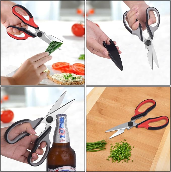 Left Handed Scissors Kitchen Shears, All Purpose Left Hand Heavy Duty Meat Scissors Poultry Shears, Lefty Tools Utensils, 2-Pack (Black/Red, Black/Gray)