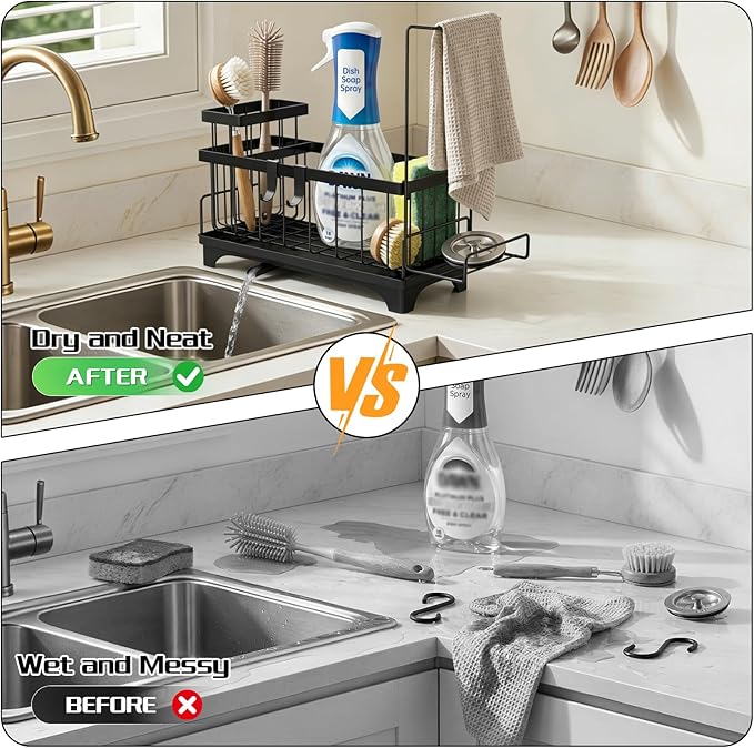 VOOWO Sponge Holder for Kitchen Sink, Compact Sink Caddy with Detachable Brush Holder and Towel Rack, Stainless Steel Kitchen Sink Organizer for Dish Sponge, Soap Dispenser Storage Accessories (Black)