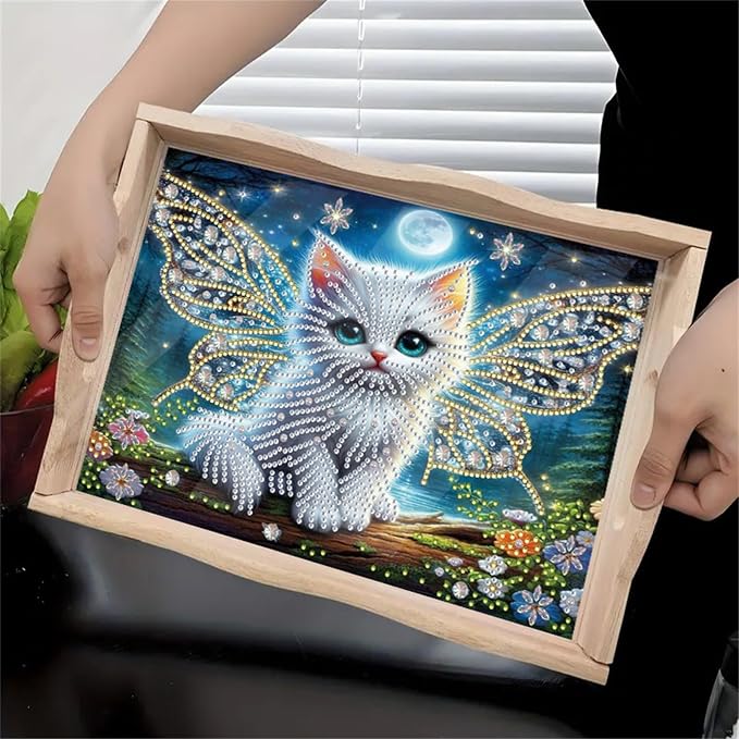 DIY Diamond Serving Tray with Handle Handmade Diamond Art Painting Wooden Rectangular Breakfast Tray for Dinner Plate Coffee Room Living Home Organizer-Cat02
