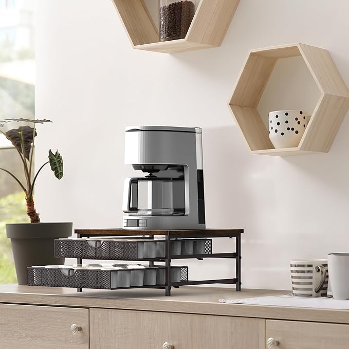 SHINOSKE K Cup Holder,2-Tier Coffee Pod Drawer Holder with Sliding Metal Basket,72 Capacity Coffee Capsule Pod Storage Organizer for Home office,Kitchen Counter,Brown