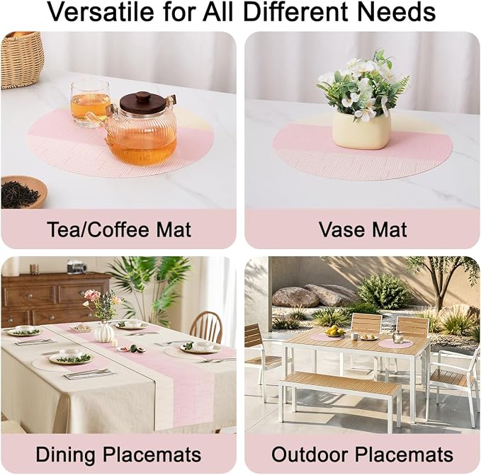 Round Placemats Set of 8, 15 Inch Woven Vinyl Heat Resistant Place Mats, Washable Non Slip PVC Table Mats for Kitchen Dining Party Outdoor Table Decor (Beige Pink, 8)