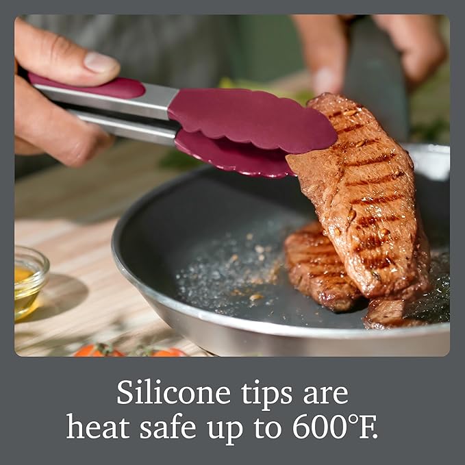 Tovolo Stainless Steel Tongs with Silicone Tip Set 9" 12" with Easy Lock Mechanism for Grilling Air Fryer Cooking Serving Salad, Heat Resistant Silicone Tipped Kitchen Tongs Sangria Red Black