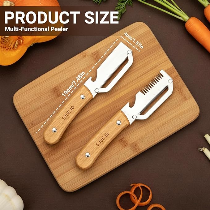 Multifunctional Vegetable Peeler for Kitchen Tool Wooden Smooth Handle and Bottle Opener, Made of Stainless Steel 2 in 1 Potato Garlic Cucumber Orange Pumpkin Fruit (Shredded Style(1pc))