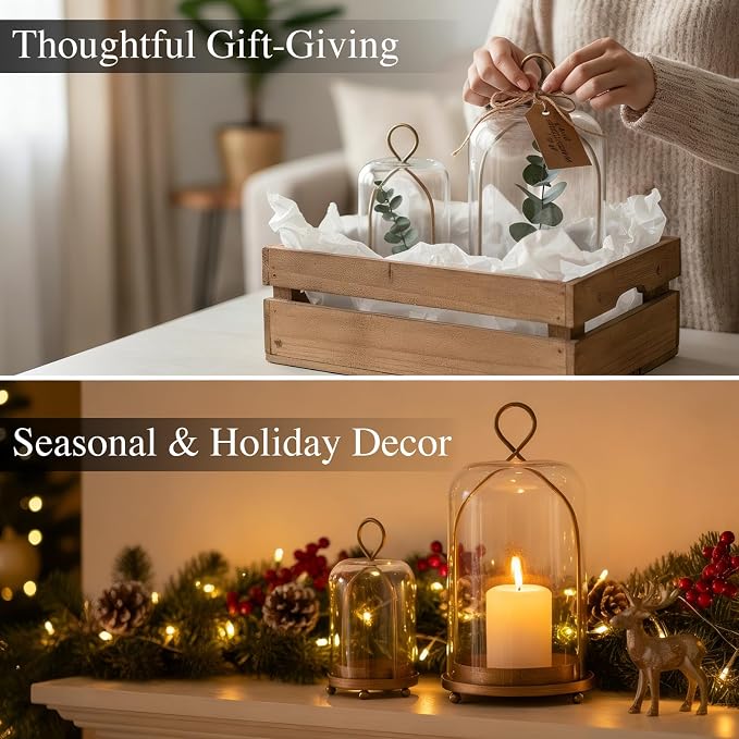 Hurricane Glass Candle Holders, Modern Farmhouse Coffee Table Decorations, Candle Holders for Pillar Candles Set of 2, Decorative Candle Lanterns, Antique Large Candle Holder for Gifts