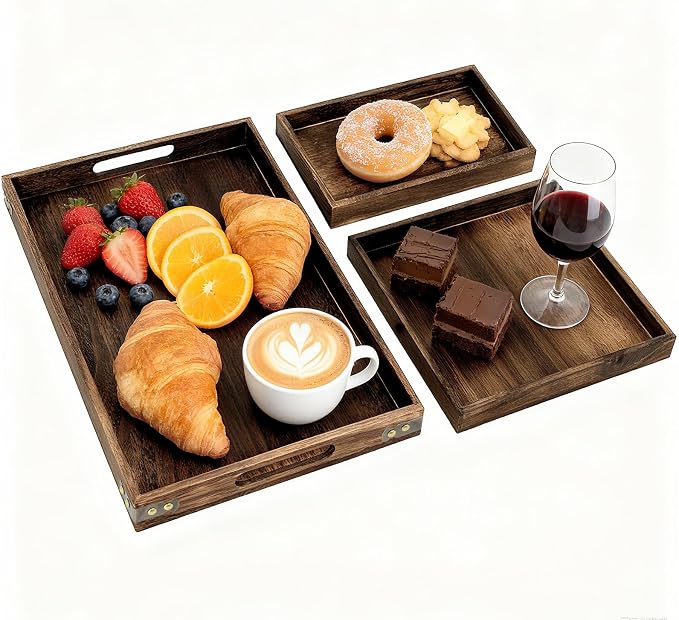 3-Piece Wooden Serving Tray Set - Nesting Platters for Entertaining & Breakfast