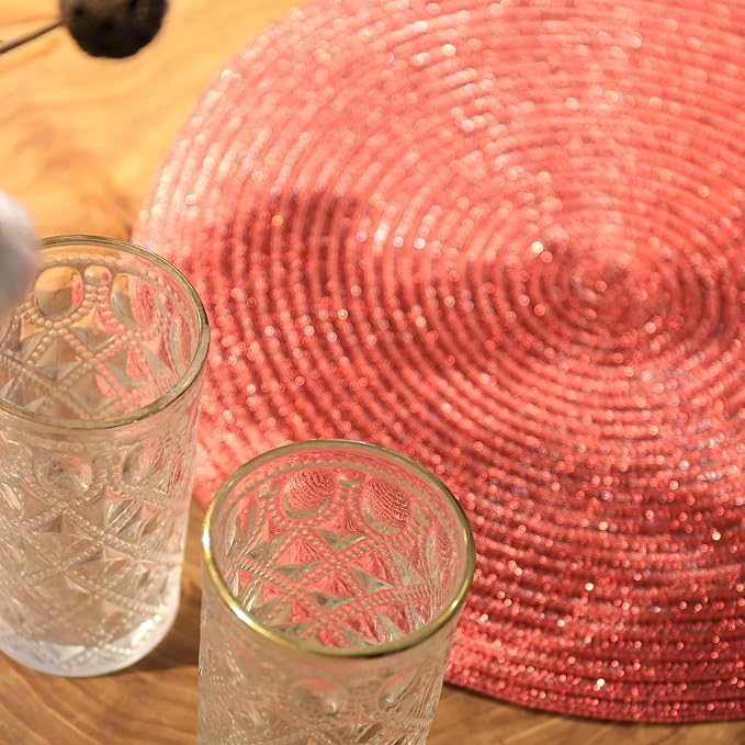 AHHFSMEI Round Placemats Set of 6 Heat Resistant Washable Non-Slip Woven Braided Table Mats for Dining Table Kitchen & Home Decor (Red Shine)