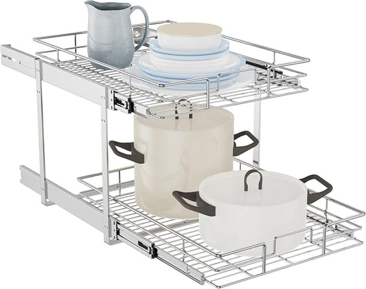 LOVMOR Individual Pull Out Cabinet Organizer, 2 Tier Slide Out Cabinet Drawers, Pots and Pans Organizer and Storage Pantry Shelf for Kitchen (15½" W x 21½" D)