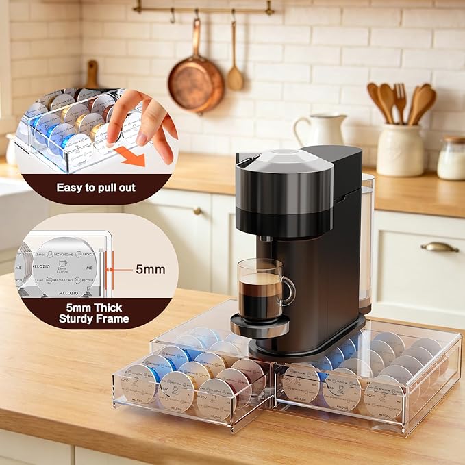 Compact Acrylic Coffee Pods Drawer Organizer Compatible with Nespresso Vertuo Pods, Easy to See Available Pods Options, Smooth Pull-Out, Holds 30 Capsules for Small Countertop