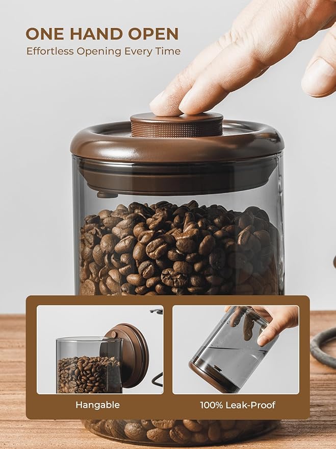 Airtight Coffee Bean Storage Canister – 7 oz Borosilicate Pantry Container with Pop Lid, UV-Blocking Glass & Non-Wood Easy-Clean Cap for Beans, Tea, Sugar, Spices, Snacks & More