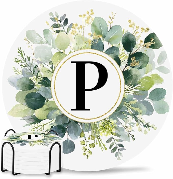 Coasters Set of 6 Letter P Drink Coasters with Holder Absorbent Stone Ceramic Cup Mat Alphabet Green Eucalyptus Leaves Coaster for Drinks Coffee Bar Office Kitchen Cafe Home Decor