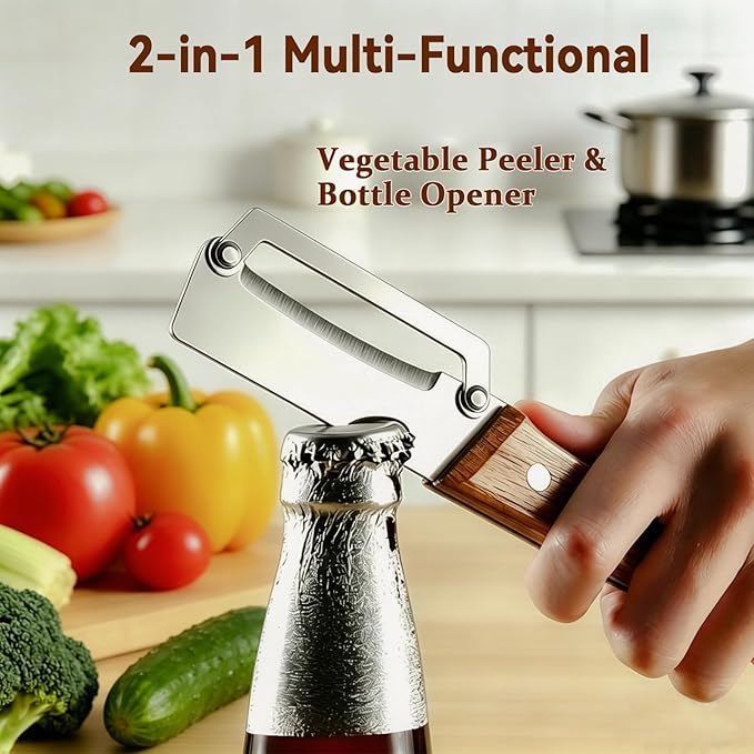 2PCS Multi-Functional Vegetable Peeler for Kitchen with Wooden Handle and Bottle Opener, 2 in 1 Stainless Steel Veggie Peeler Kitchen Gadgets Tool for Fruit Potato Pumpkin Apple Carrot Papaya