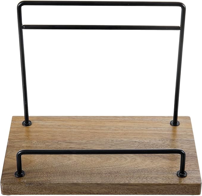 MyGift Premium Acacia Wood and Matte Black Metal Cookbook Stand – Rustic Kitchen Countertop Book Holder Rack for Recipes, Tablets, Cutting Boards