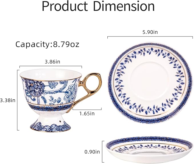 KAMMAK Tea Cups and Saucers Set of 2, Fine Bone China Coffee Cups, 8.5-Ounce Stackable Espresso Mugs, Ceramic Demitasse for Coffee, Cappuccino, Latte, Americano, Tea, Tall Navy