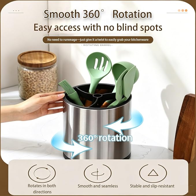360° Rotating Kitchen Utensil Holder For Countertop,Large Utensils Crock Stainless Steel,Stable Cooking Utensil Holder With 3 Compartment,Drainage Non-Slip For Spatulas,Spoons(Gray)