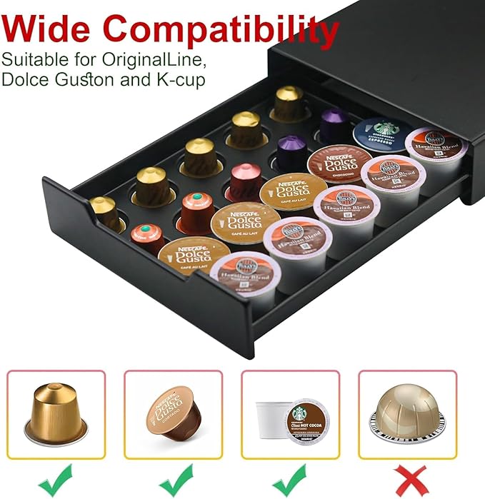 K Cup Coffee Pod Holder Drawer, 20 Capacity Organizer, Storage for Nespresso Originaline and Dolce Gusto, Black