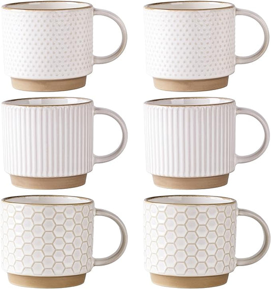 GBhome 12OZ Stackable Coffee Mugs Set of 6, Ceramic Coffee Mugs with Texture Patterns for Man,Woman,Dad,Mom, Modern Coffee Cups for Latte/Cappuccino/Cocoa. Dishwasher&Microwave Safe, Off White