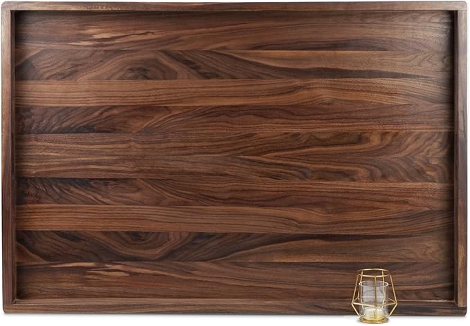 38 x 26 Inches Extra Large Rectangle Black Walnut Wood Ottoman Tray with Handles, Serve Tea, Coffee Classic Wooden Decorative Serving Tray