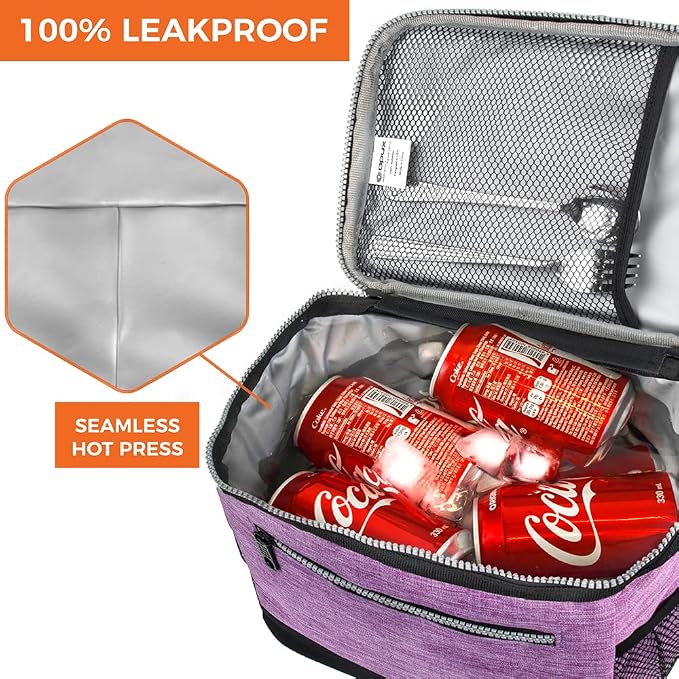 opux Insulated Lunch Box Men Women, Lunch Bag for Work School, Leakproof Soft Cooler Tote Adult, Large Lunch Pail Kids Boys Girls, Picnic Beach Food Bag with Shoulder Strap, Purple