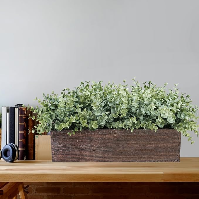 Winlyn 14" Artificial Eucalyptus in Rectangular Wood Planter Box Faux Plants Arrangement Centerpiece Wooden Potted Eucalyptus Plant for Farmhouse Wedding Dining Table Centerpiece Greenery Mantel Décor