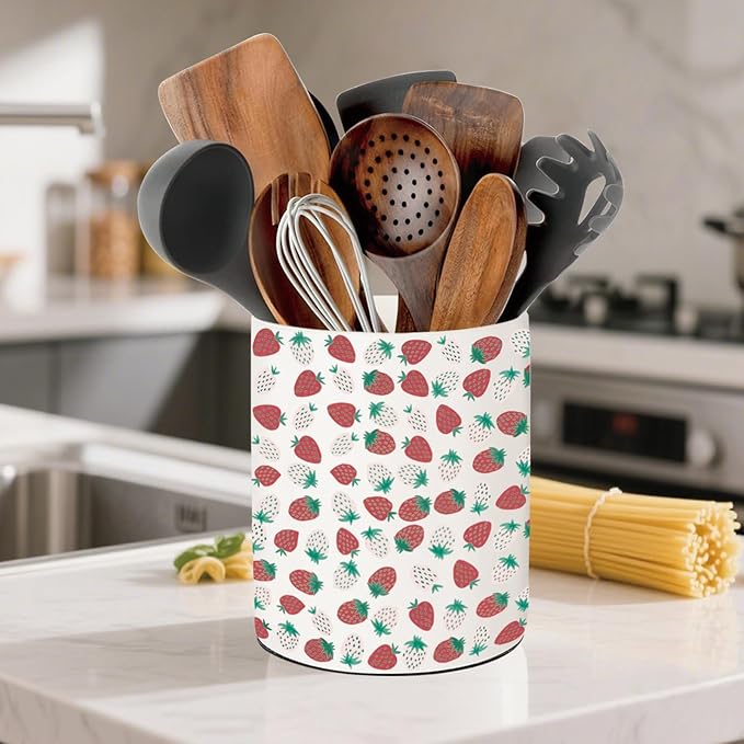 Strawberry Kitchen Decor, Ceramic Utensil Holder Strawberry Decor, 6.5 Inch Farmhouse Indoor Kitchen Decorative Utensil Rack For Spoon Storage And Cooking Tools