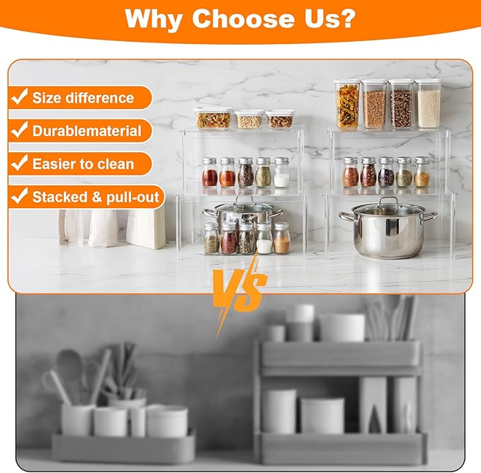 4 Pcs Clear Acrylic Cabinet Organizer Shelves, Stackable Spice Rack & Shelf Riser for Kitchen Pantry, Countertop, Bathroom, Desk & Cupboard Storage, Versatile Display Organizer for Makeup