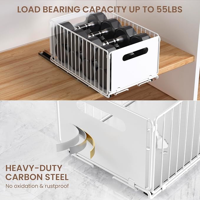 2 Pack Pull Out Cabinet Organizer, Heavy Duty Slide Out Drawer with No Drill Adhesive or Screw Mount, Carbon Steel Roll Out Shelf for Kitchen Cabinet, Pantry & Bathroom Storage