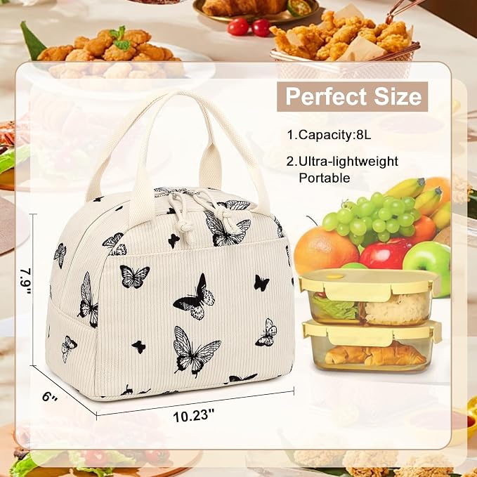 LEDAOU Lunch Box for Women Insulated Lunch Bag Corduroy Lunch Tote Bags Leakproof Cooler Lunch Case for Travel Work Picnic (Corduroy Beige-Butterfly)