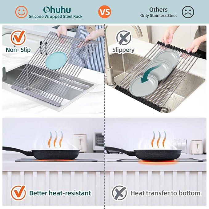 Ohuhu Sink Drying Rack, 20.5" W x 16.1" L Over The Sink Roll-Up Dish Drainer - Rolling Foldable Accessories Heat-Resistant Mat Anti-Slip Silicone Coated Multipurpose for Kitchen Counter
