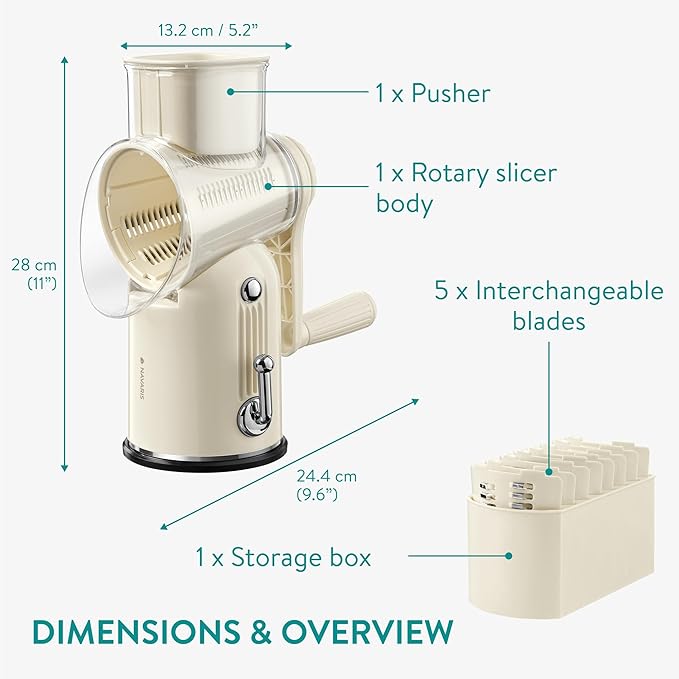 Navaris Rotary Cheese Grater with 5 Blades - Vegetable Shredder, Strong Suction Base, Mandoline Slicer for Fruit, Nuts, Dishwasher Safe, with Storage Box, Easy to Clean, Cream