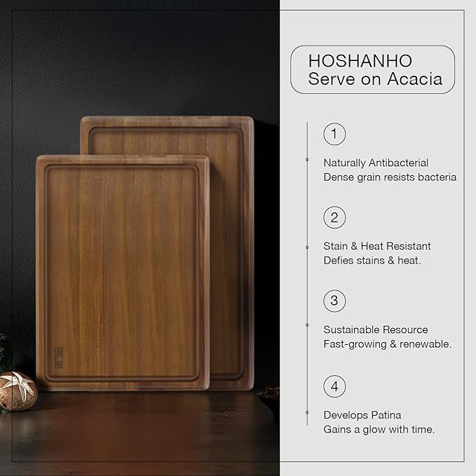 HOSHANHO Large Acacia Wood Serving Tray, 16 x 10 Inch Extra-Long Charcuterie Board with Non-Slip Rubber Pads, Wooden Platter for Entertaining, Snack Plate, Dining Decor