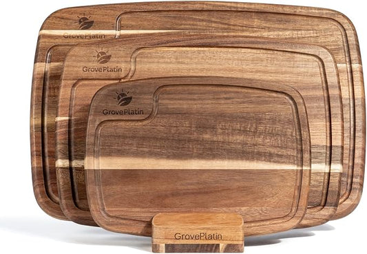 Acacia Wood Cutting Boards for Kitchen (Set of 3), Heavy Duty Chopping Board with Deep Juice Groove, Reversible Designed, Storage Stand & Oiling Brush