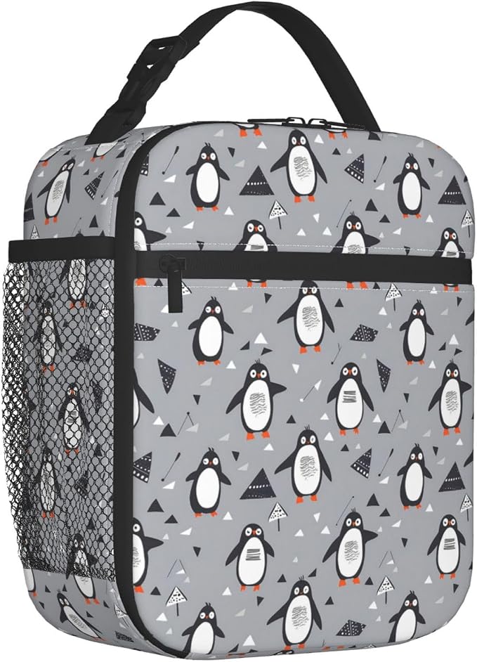 Reusable Penguin Lunch Box for Kids Girls Boys Women Adult, Insulated Cute Lunch Bag,Polyester Cooler Handbags Case for School Picnic Work Travel Outdoor Beach or Hiking (Grey)
