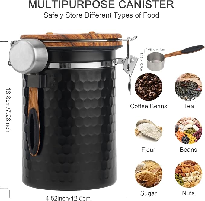 TEDSWAIT Coffee Canisters Airtight Coffee Bean Storage Container Kitchen Stainless Steel Food Storage Container with Scoop Date Tracker & CO2 Valve 61Fl Oz (Diamond Black)