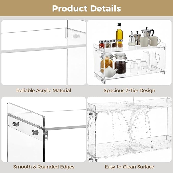 2 Tier Acrylic Countertop Organizer for Coffee Bar & Matcha Station, Clear Coffee Shelf for Countertop Use, Open Kitchen Spice Rack Organizer with Transparent Storage for Mugs, Jars and Accessories