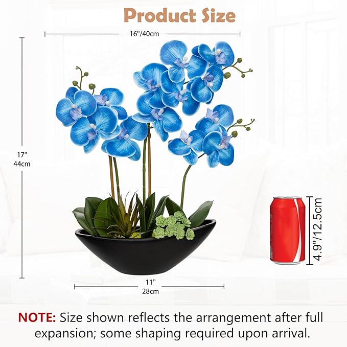 Briful Blue Orchid Fake Flowers 17in Artificial Orchid Silk Flowers in Black Pot Faux Orchid Arrangement for Home Office Bathroom Table Shelf Modern Decoration